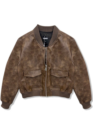 KatieJ Maverick Vegan Leather Bomber Jacket, Brown