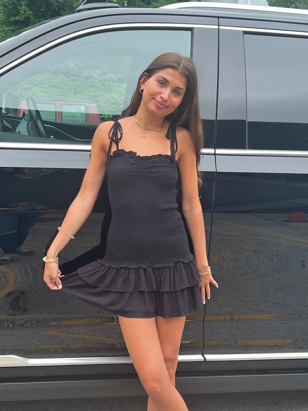 Meri Smocked Dress with Ruffle Skirt, Black Silky Georgette