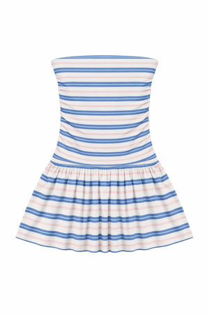 KatieJ Milo Strapless Drop Waist Dress, Blue Multi-Strope