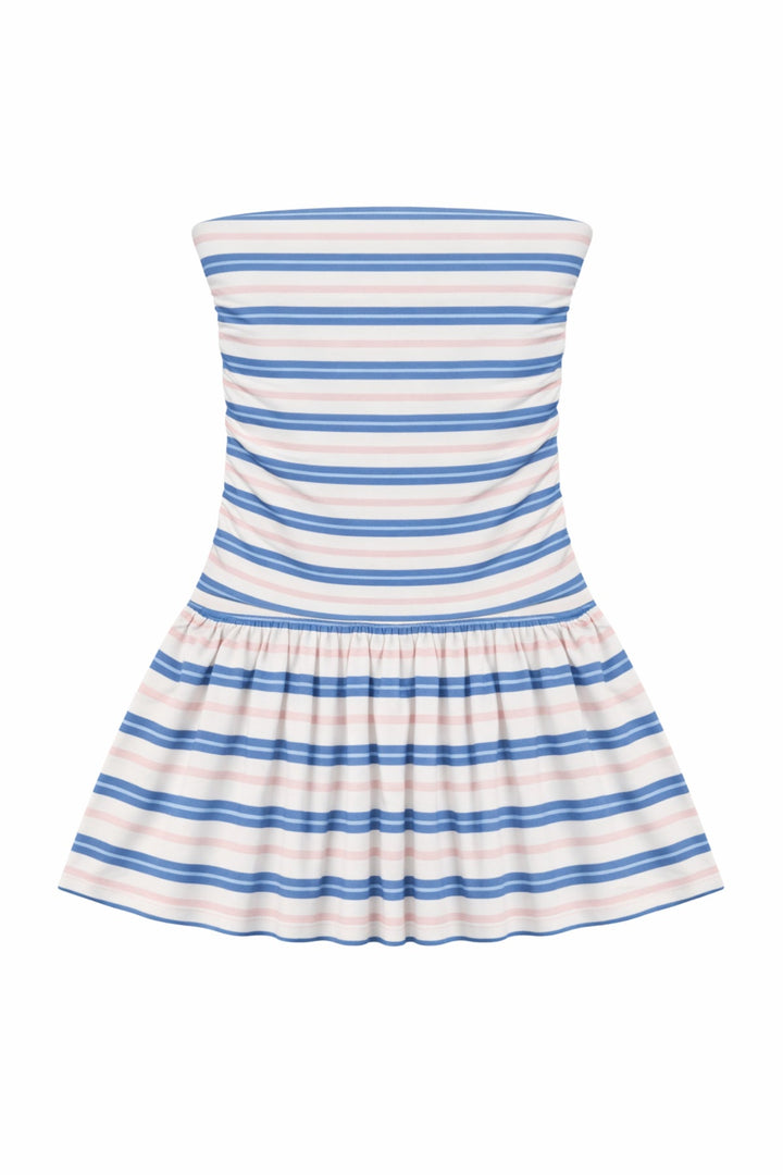 KatieJ Milo Strapless Drop Waist Dress, Blue Multi-Strope