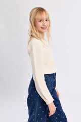 Molly Bracken Girls Knitted Sweater with Gathered Shoulders - Off-White