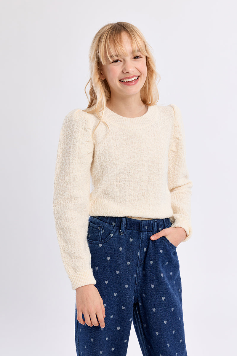 Molly Bracken Girls Knitted Sweater with Gathered Shoulders - Off-White