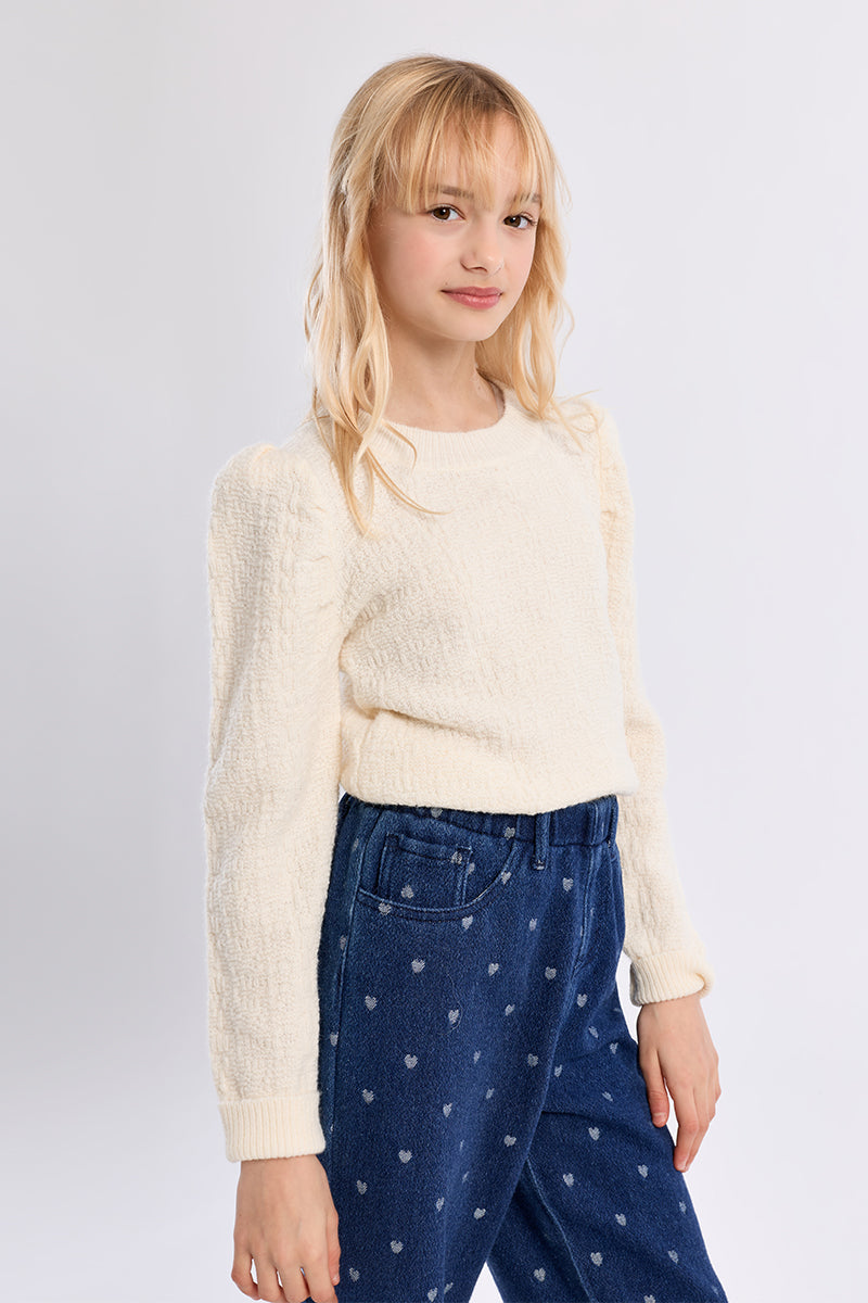 Molly Bracken Girls Knitted Sweater with Gathered Shoulders - Off-White