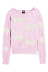 KatieJ Parker Cozy Crewneck Off Shoulder Top, Baby Pink with White Bows