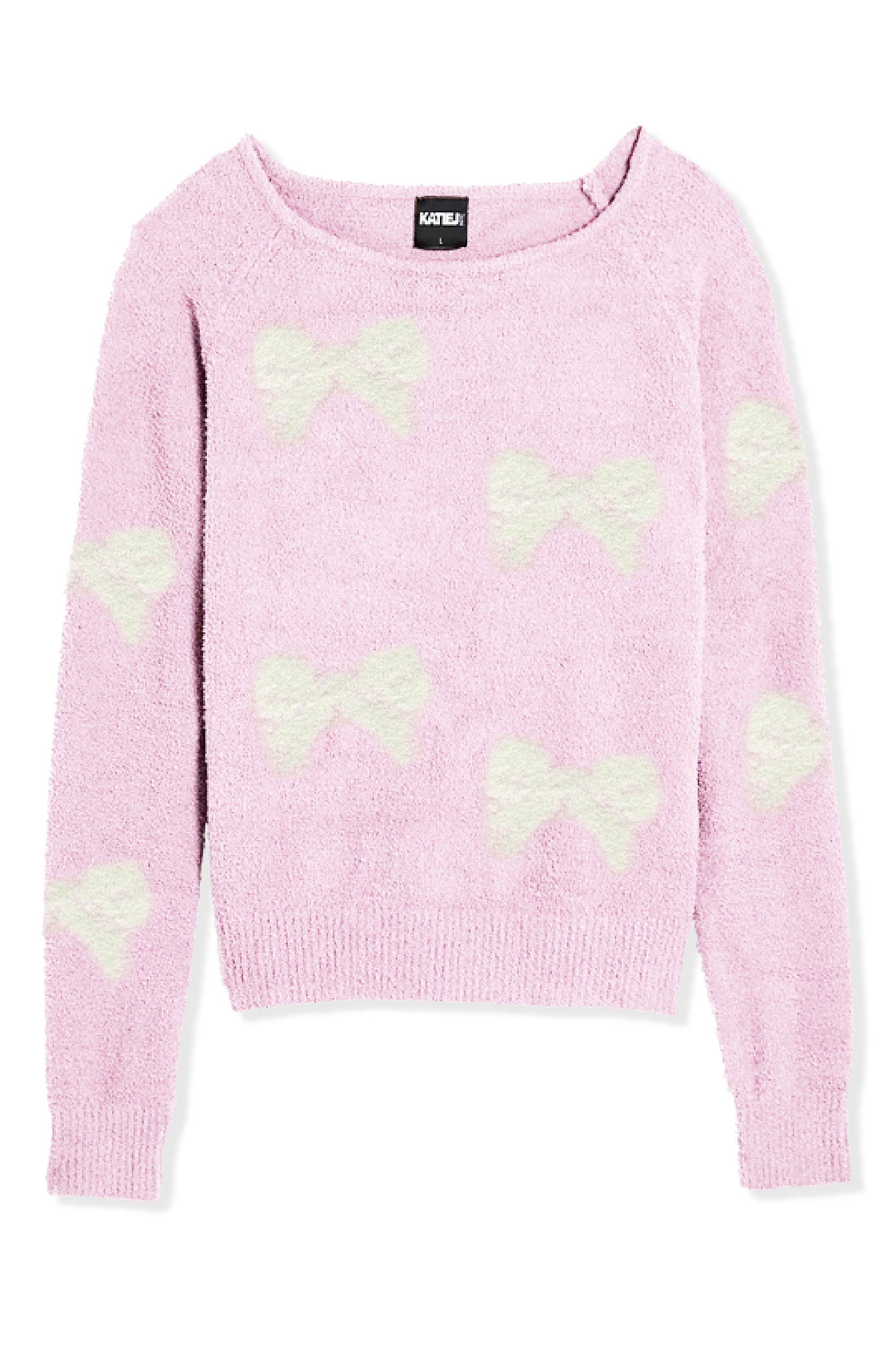 KatieJ Parker Cozy Crewneck Off Shoulder Top, Baby Pink with White Bows