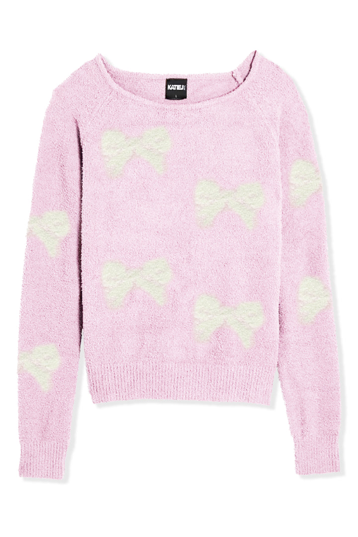 KatieJ Parker Cozy Crewneck Off Shoulder Top, Baby Pink with White Bows