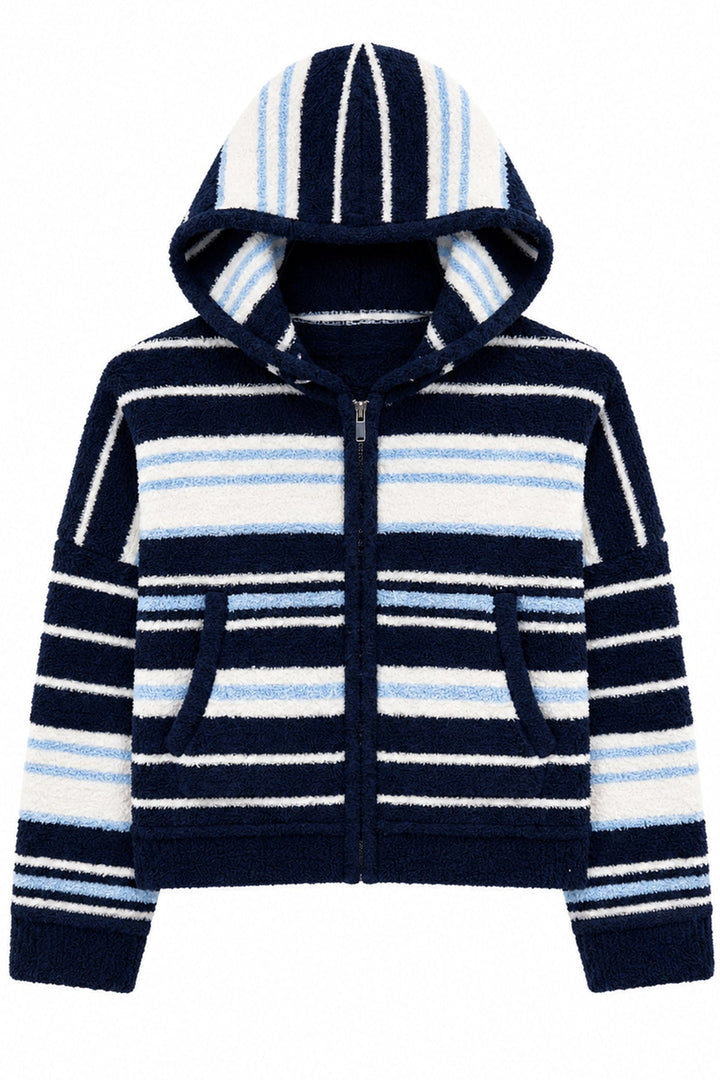 KatieJ Parker Oversized Cozy Zip Up Hoodie, Mixed Blue Stripe