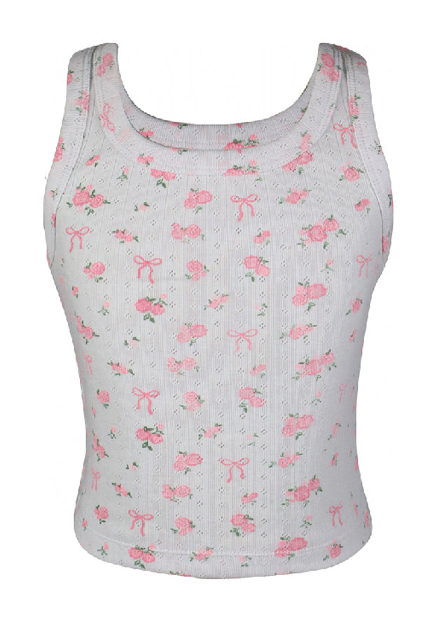 fbz Off White Pointelle Tank with Pink Rose & Bows