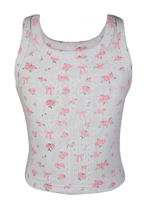 fbz Off White Pointelle Tank with Pink Rose & Bows