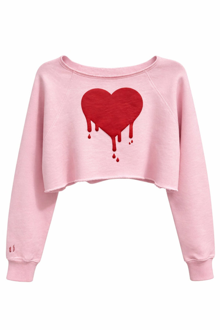 KatieJ Shane Heart Off Shoulder Cropped Sweatshirt, Pink / True Red Valentines Edit
