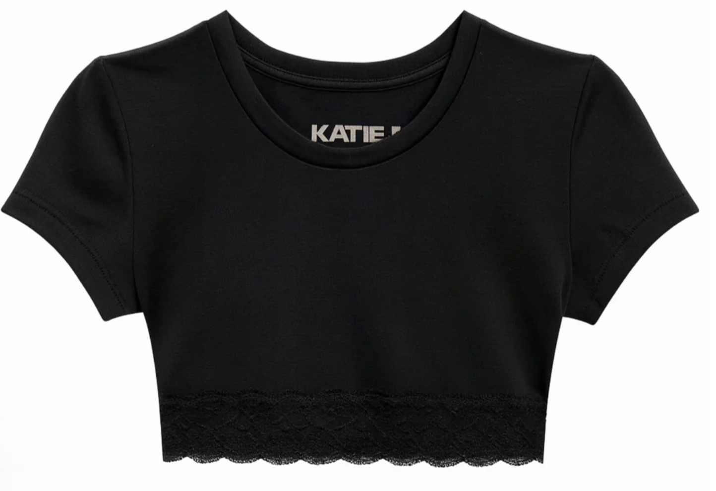 KatieJ Lindsey Cropped Trim Tee with Lace Trim, Black