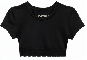 KatieJ Lindsey Cropped Trim Tee with Lace Trim, Black