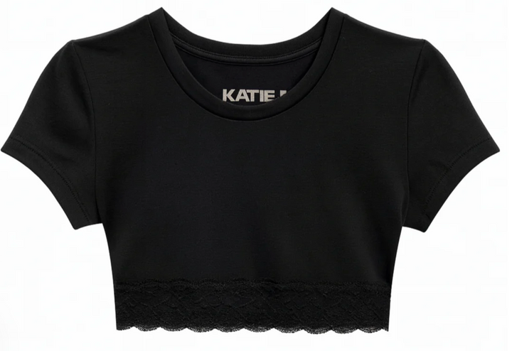 KatieJ Lindsey Cropped Trim Tee with Lace Trim, Black