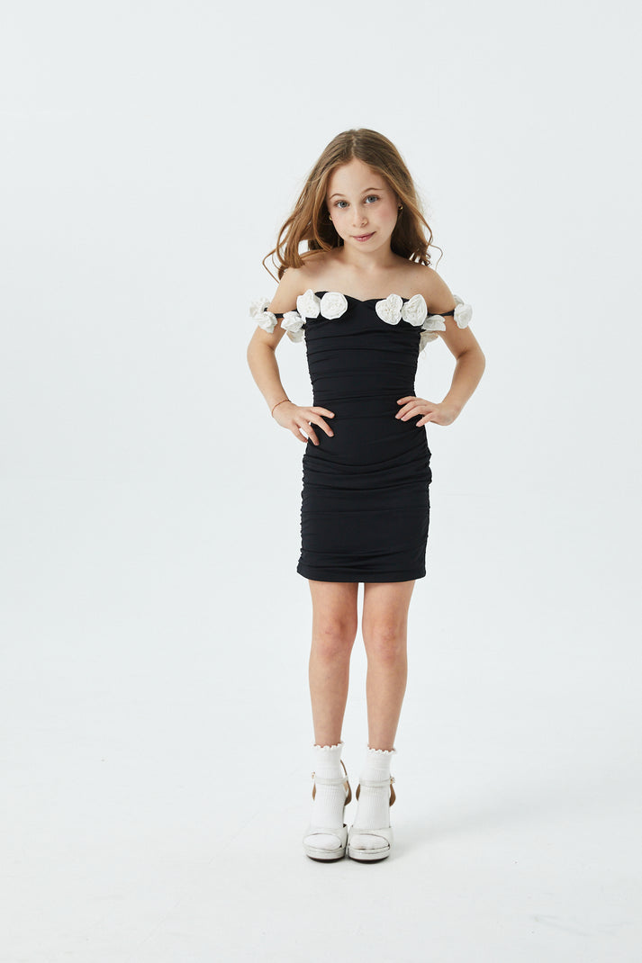Theme Cameron Black with Roses Off the Shoulder Mini Dress