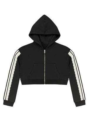 KatieJ Tommy Long Sleeve Track Crop Zip Hoodie with Lace Trim
