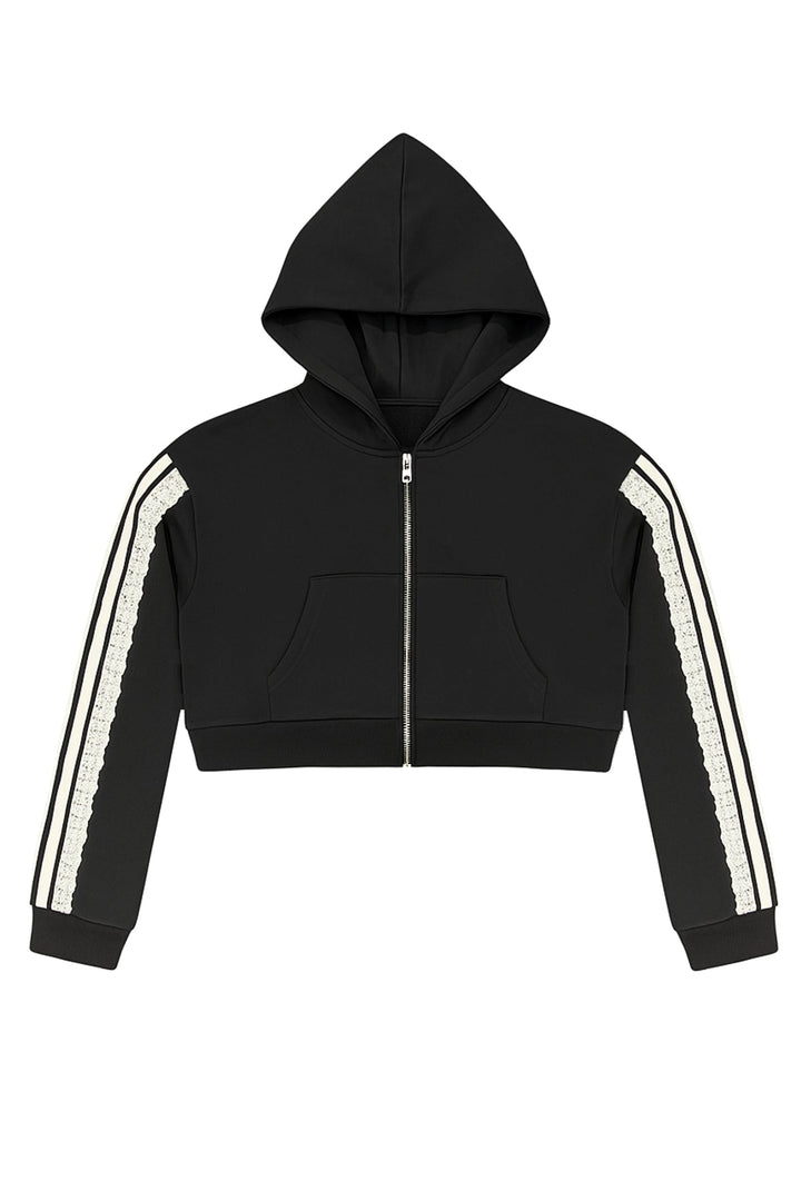 KatieJ Tommy Long Sleeve Track Crop Zip Hoodie with Lace Trim