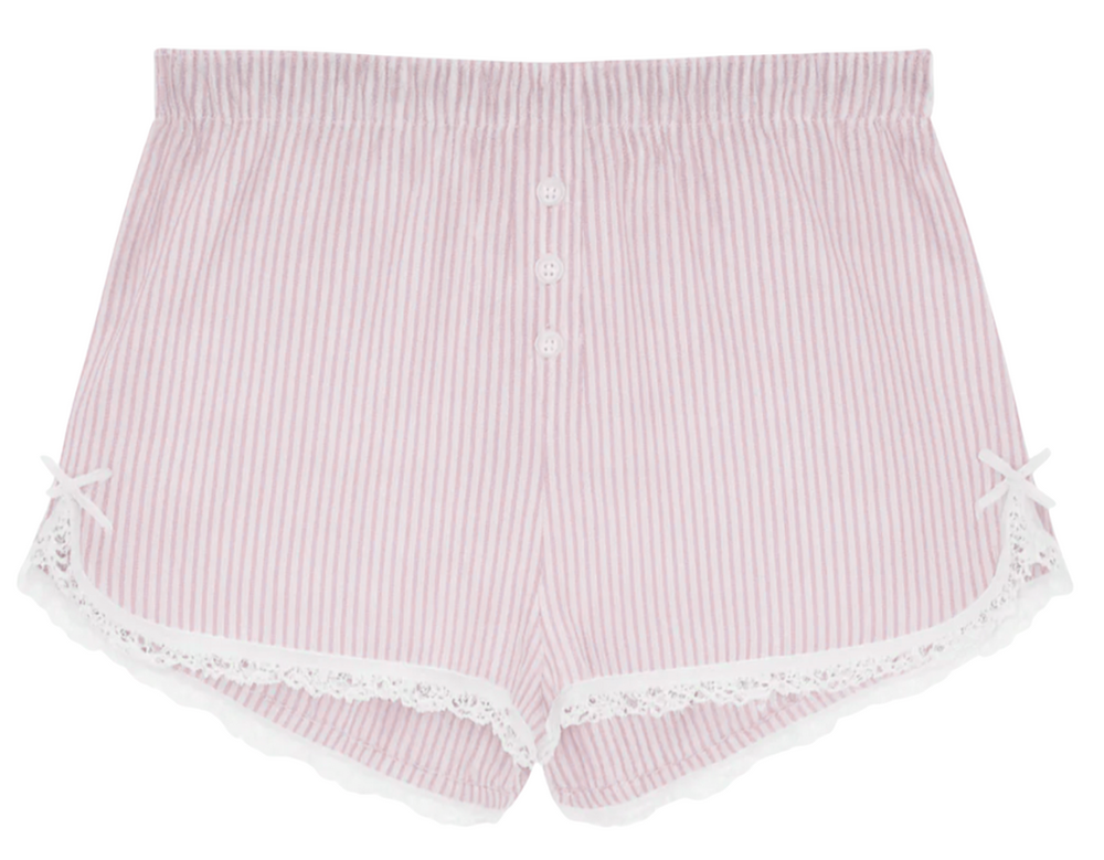 KatieJ Caprice Ballet Pink and White Striped Shorts with Lace Trim