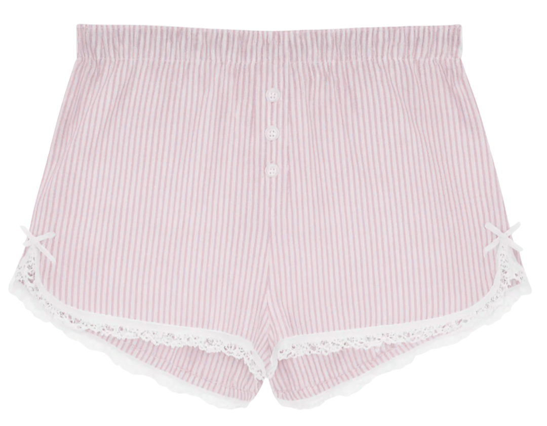 KatieJ Caprice Ballet Pink and White Striped Shorts with Lace Trim