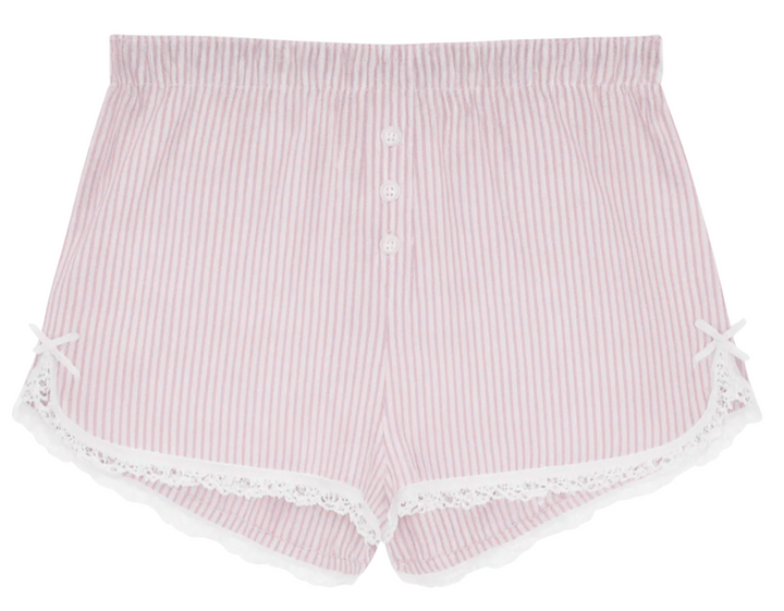 KatieJ Caprice Ballet Pink and White Striped Shorts with Lace Trim
