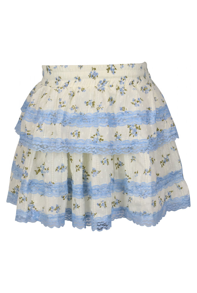 fbz Cream & Blue Floral Skirt with Renda Lace Trim