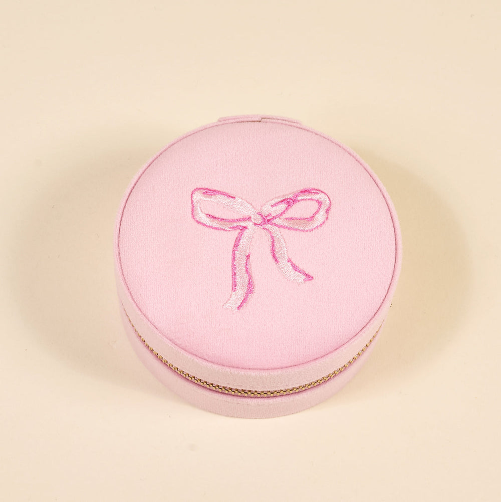 The Darling Effect Round Velvet Jewelry Case, Bow Pink