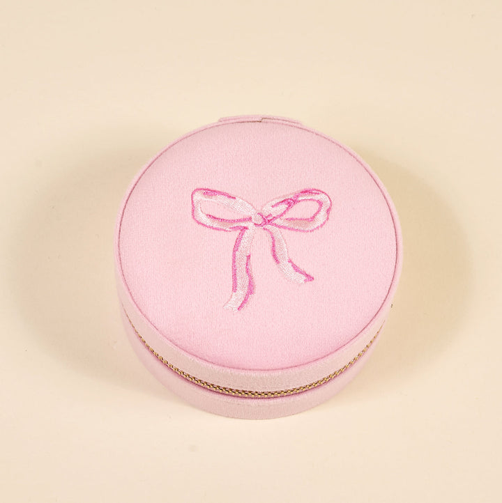 The Darling Effect Round Velvet Jewelry Case, Bow Pink