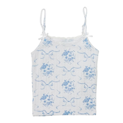 fbz Blue Bow Toile Lace Trimmed Cami Tank Top