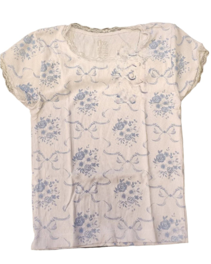 fbz Blue Bow Toile Lace Trim Tee