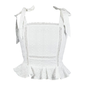 fbz White Eyelet and Lace Stripe Bow Tie Top