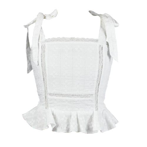 fbz White Eyelet and Lace Stripe Bow Tie Top