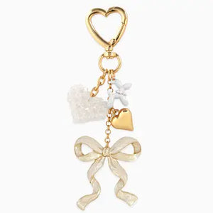 Sweet Bow with Beaded Heart Bag Charm, White