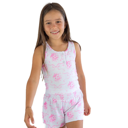 fbz Pink Bow Toile Rib Button Down Tank