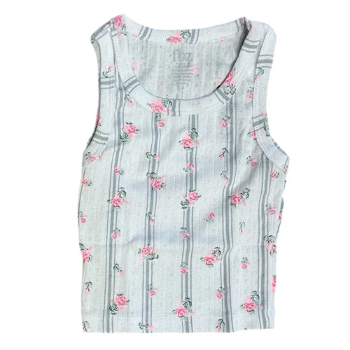 fbz Pink Flower Rose Stripe Pointelle Cotton Tank