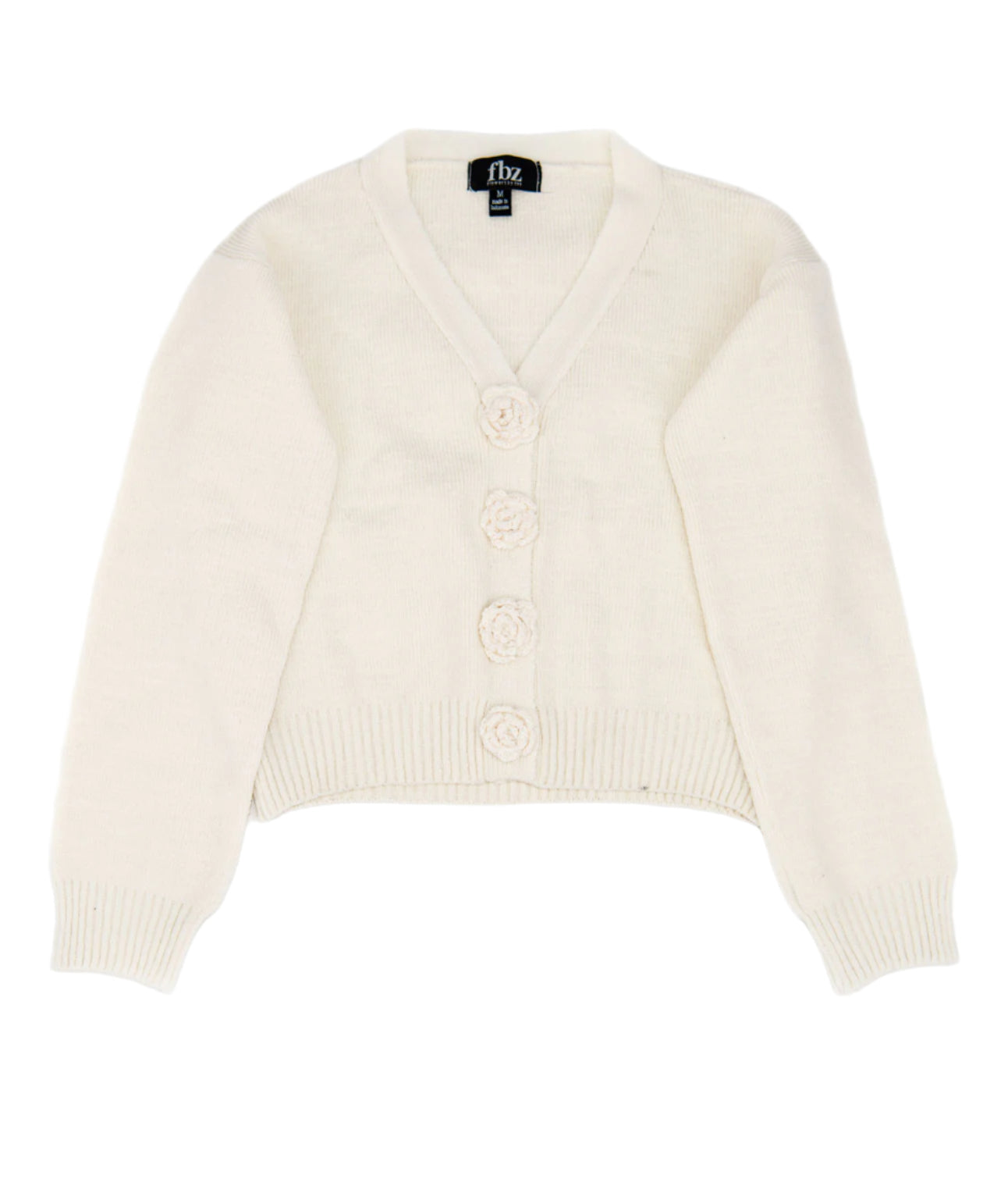 fbz Off White Knit Cardigan Sweater with Floral Buttons