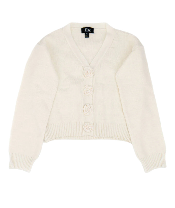fbz Off White Knit Cardigan Sweater with Floral Buttons