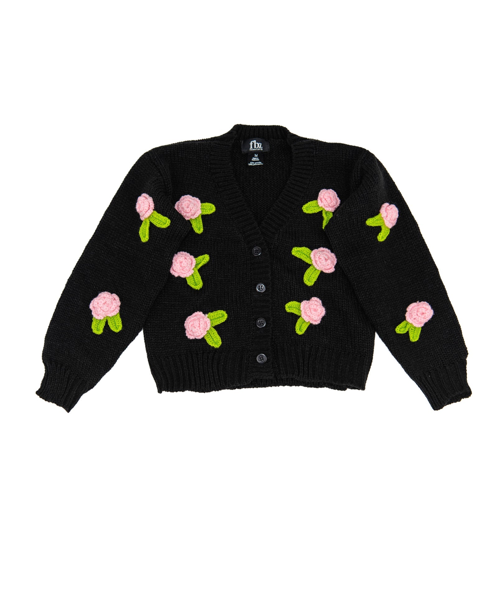 fbz Black Knit Cardigan Sweater with Knit Pink Roses