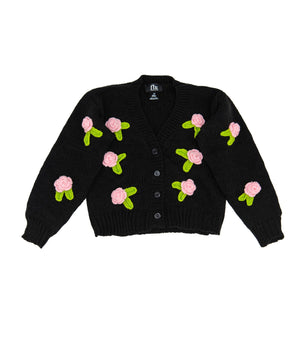 fbz Black Knit Cardigan Sweater with Knit Pink Roses