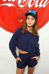 KatieJ Shane Off Shoulder Crop Long Sleeve, Sailboat Blue