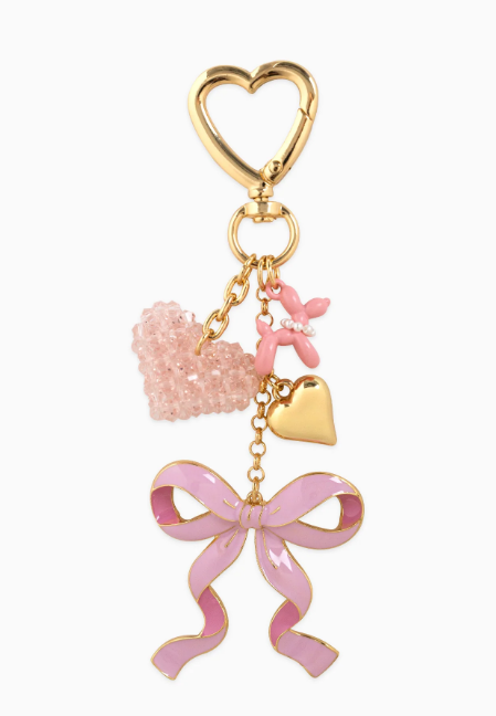 Sweet Bow with Beaded Heart Bag Charm-Pink