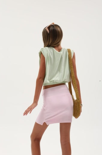 Tenly Rib Left Turn Side Slit Mini Skirt, Pink Guava