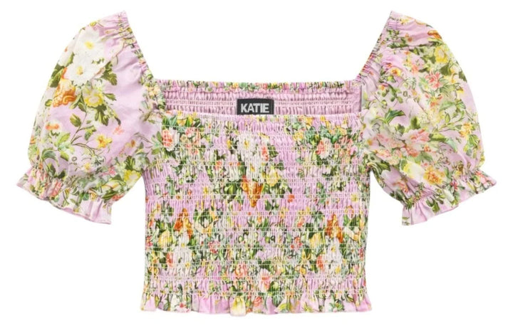 KatieJ Marlee Puff Sleeve Top, Pink Baroque Floral